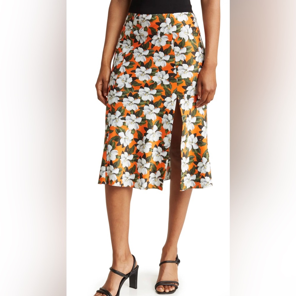 Alice + Olivia Orange Floral Midi Skirt with White Blossoms
